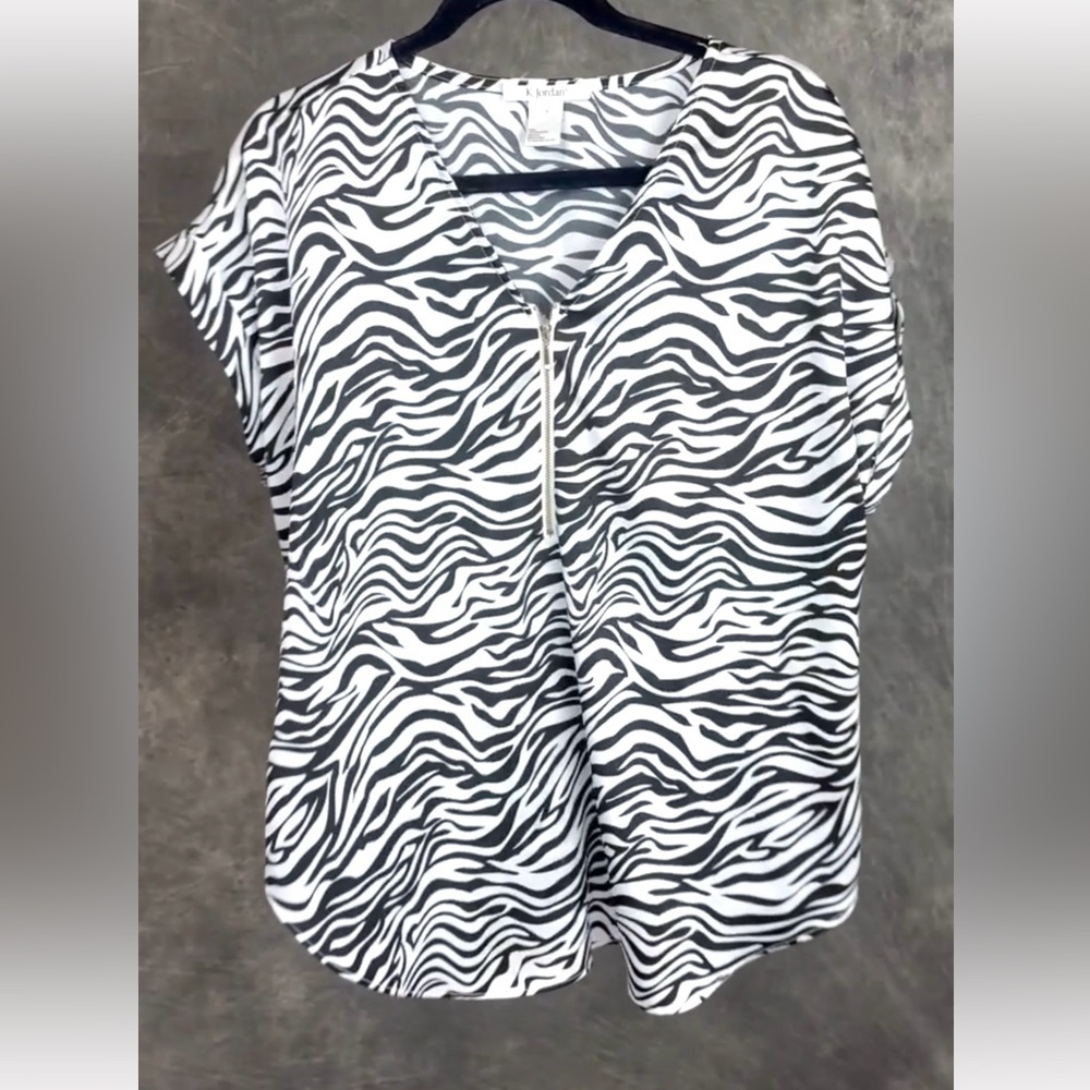 K. Jordan Zebra Print Half-Zip Blouse | Black & White | 1X